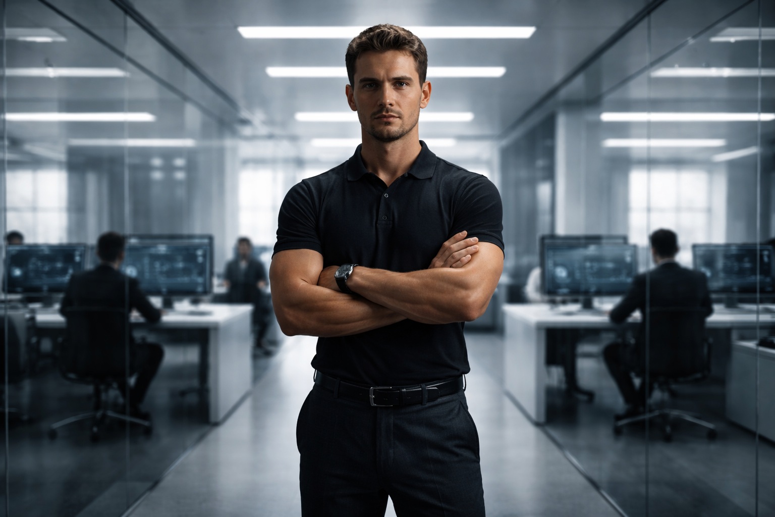 A cinematic highend professional photo of a modern futuristic office with glass walls and clean white architectural elements The environment is minima A cinematic highend professional photo of a modern futuristic office with glass walls and clean white architectural elements The environment is minima