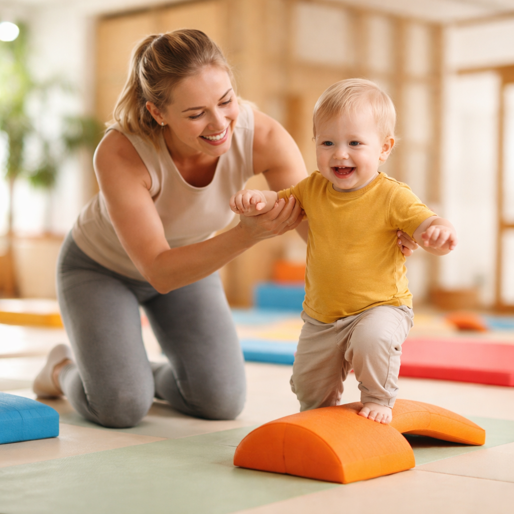 Bright and welcoming indoor movement hall with soft floor mats and natural daylight a professional teacher gently guiding a toddler 12 years old durin-1
