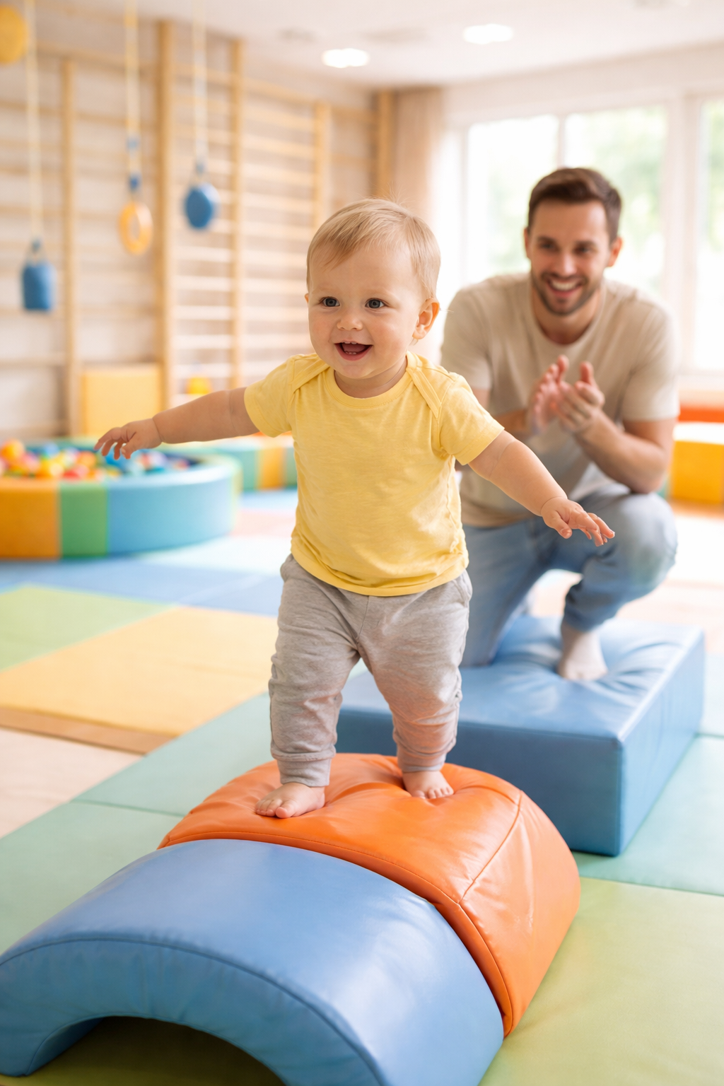 Bright energetic photo of a toddler 12 years old walking or balancing in a childfriendly movement hall while a smiling parent encourages from close di-1