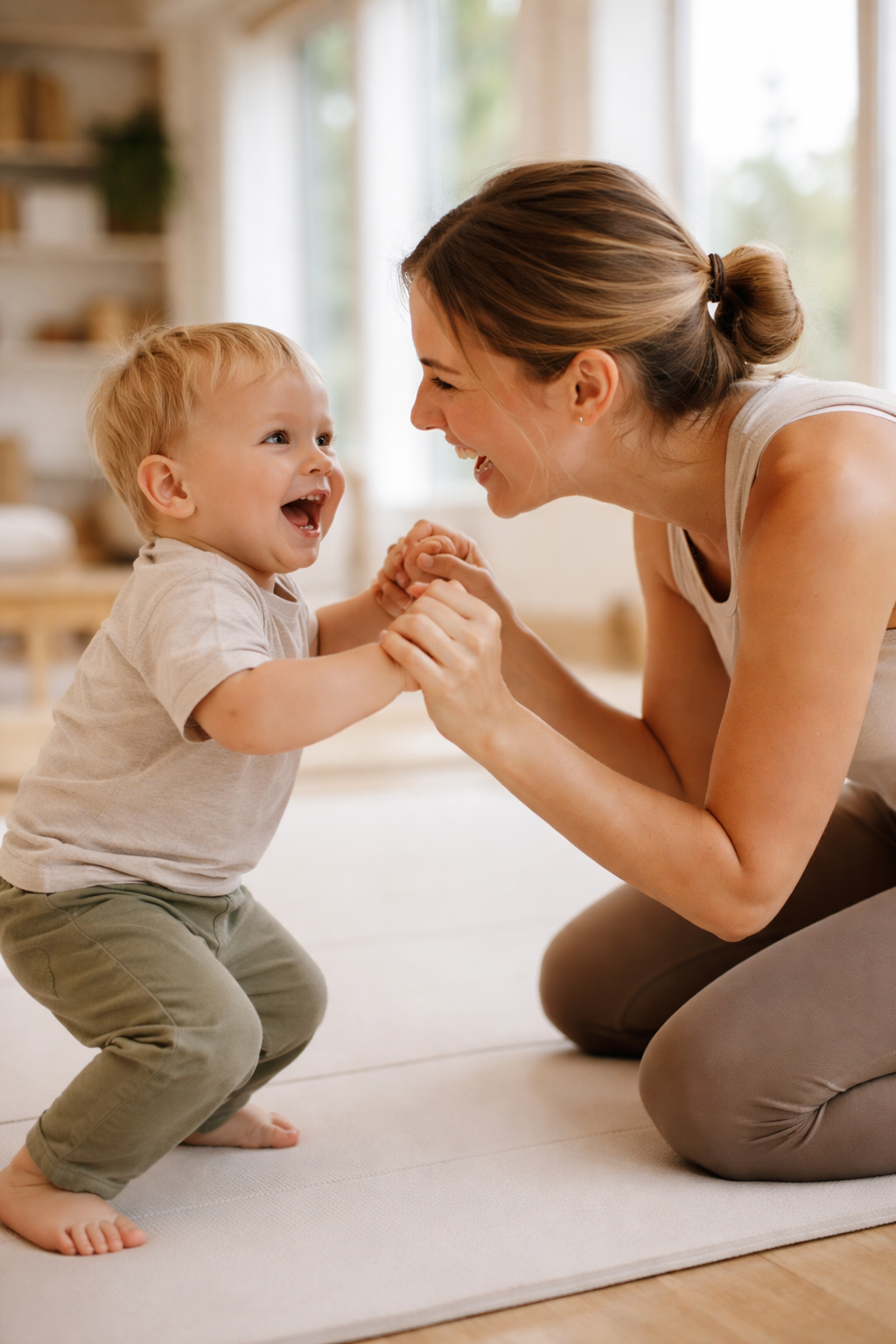 Bright natural daylight photo of a smiling parent and toddler 12 years old interacting playfully in a warm modern movement room genuine laughter eye c