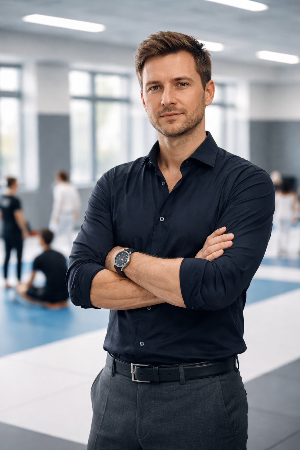 Ein selbstbewusster Unternehmer steht in einer modernen Kampfsportschule Hochformat 23Er trgt ein dunkles schlichtes BusinessOutfit kein Anzug sondern-1