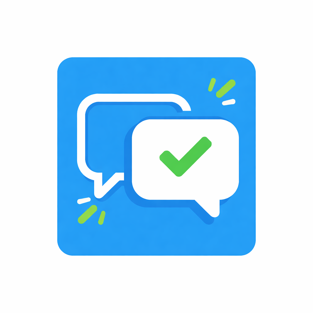 Flat modern vector icon of two speech bubbles with subtle checkmark or positive reinforcement symbol blue square background 009bff green accent arrows