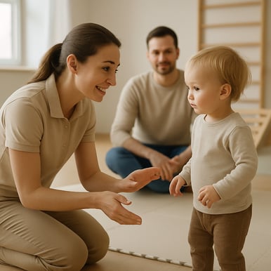 Realistic highquality photograph of a professional female teacher interacting calmly with a 12 year old toddler while one parent either mother or fath