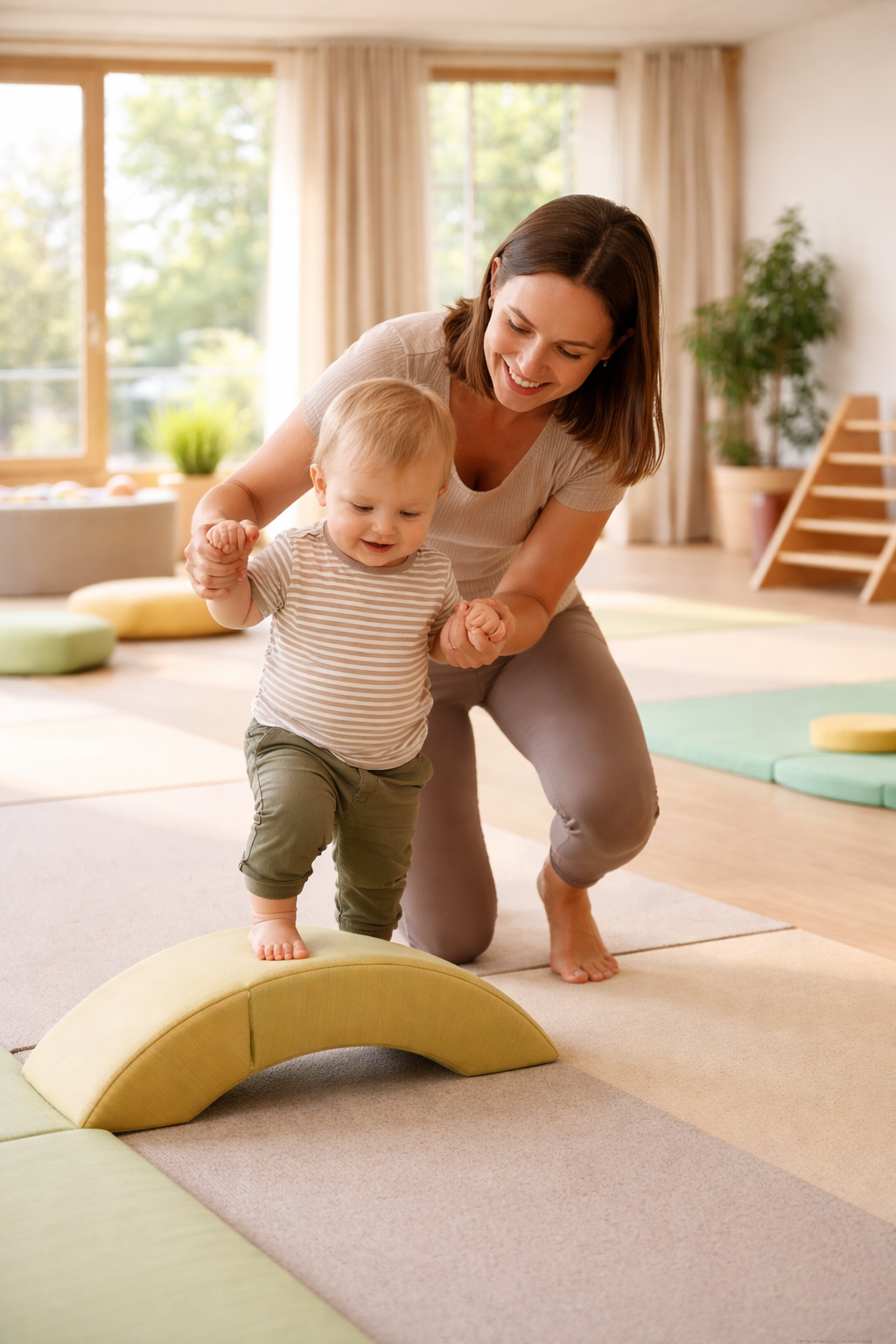Warm and welcoming indoor movement hall with soft floor mats parent gently supporting toddler 12 years old while stepping over a low foam element natu